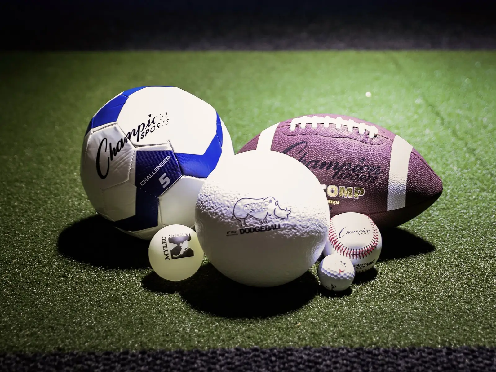 A soccer ball, street hockey ball, dodgeball, football, baseball and golf ball together on the turf of a bay at Tee Off at The Wharf