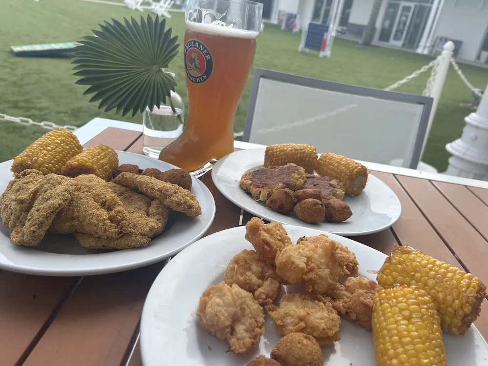 Fried grouper platter with corn and hush puppies at Tee Off at The Wharf
