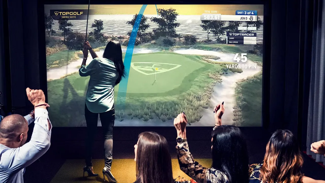 Golf on the simulator screen at Tee Off at The Wharf
