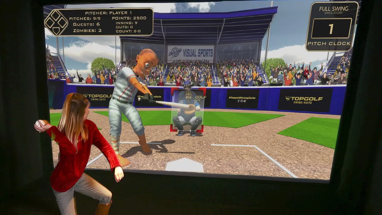 Baseball on the simulator screen at Tee Off at The Wharf